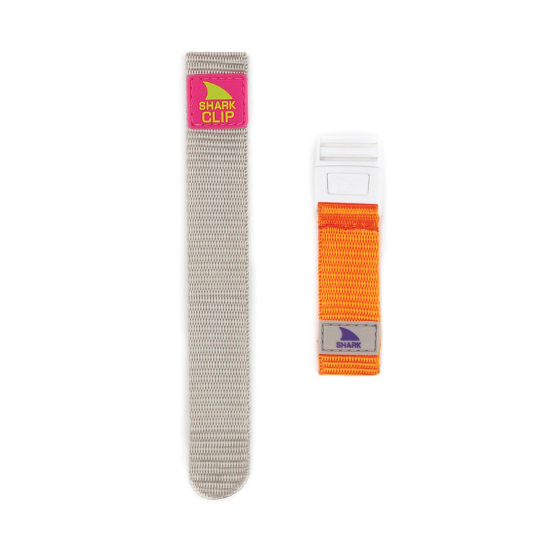 Two fabric smart watch straps: taupe/neon Freestyle Clip Strap, and beige strap with a pink label.