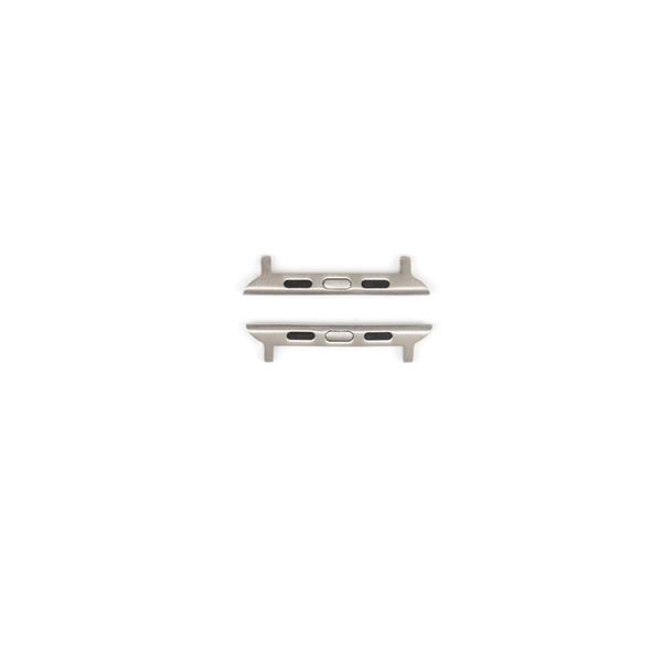 Pair of silver metal watch band adapters with two black rectangular inserts and a central oval cutout