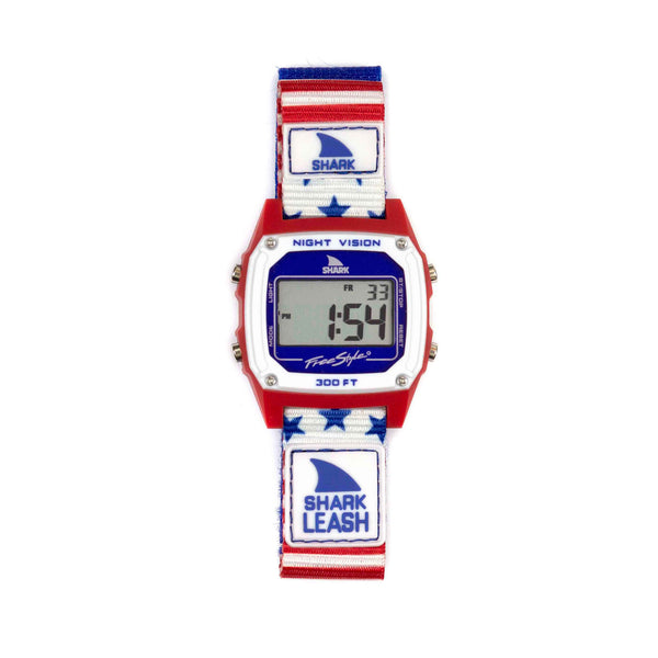 Freestyles Caroline Marks Signature Shark Classic Leash Surfin USA is a digital watch in red, white & blue—perfect for fans.