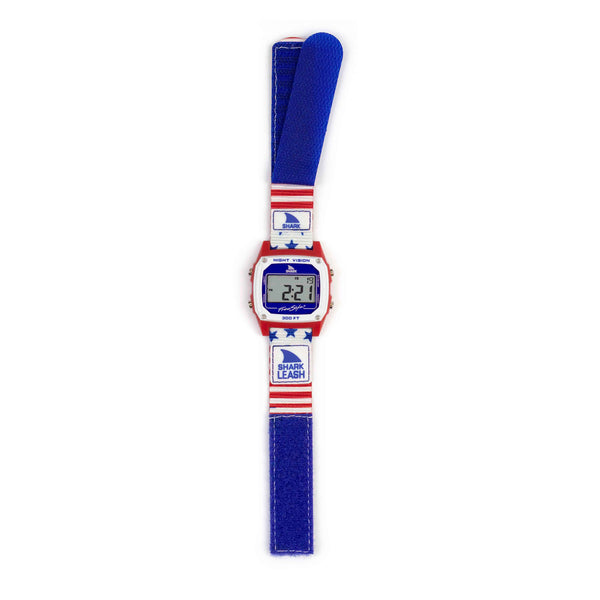 Freestyle Caroline Marks Signature Shark Classic Leash Surfin USA digital watch with blue strap, “BREAK THE LEASH.”.