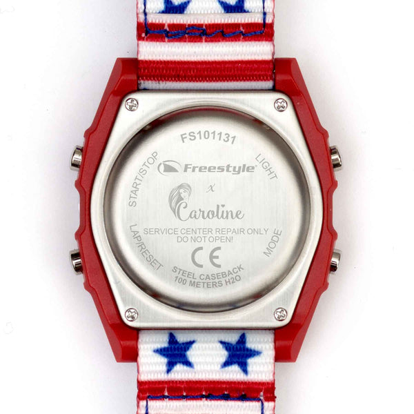 Back of a Freestyle Caroline Marks Signature Shark Classic Leash Surfin USA with engraved Caroline on strap featuring patriotic colors.
