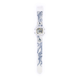 Inspired by retro-futurism, the Freestyle SHARK CLASSIC CLIP OCTOPUS features a digital watch face with a white band and blue octopus art.