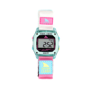 Freestyle CAROLINE MARKS SIGNATURE SHARK CLASSIC LEASH CLEAR BLUE SKY watch featuring a pink, blue, and white strap.