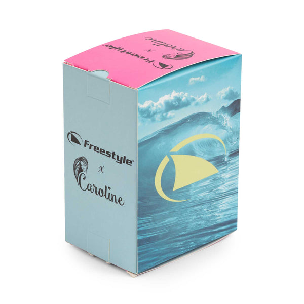 Blue and pink Freestyle box with wave and sun graphics, Caroline Marks Signature Shark Classic Leash Surfin USA featured on front.