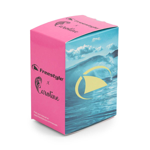 Freestyle Caroline Marks Shark Classic Leash Surfin USA watch box with wave pattern, pink sides, logo, and stylized lettering.