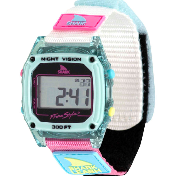Freestyle Caroline Marks Shark Classic Leash Clear Blue Sky watch with pastel strap, display active—surf in style.
