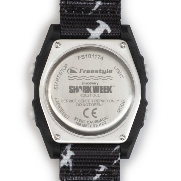 Back of Freestyle SHARK CLASSIC CLIP SHARK WEEK MEGA HAMMERHEAD displays Shark Week logo, model details, and service instructions.