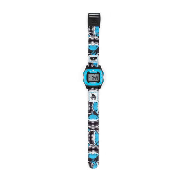 Freestyle SHARK MINI CLIP SHARK WEEK MEGA GRIN: digital watch with sharks and wave pattern band, sleek rectangular face.