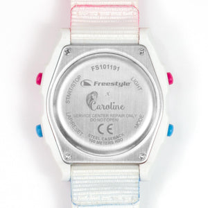 Close-up of the back of the Freestyle Caroline Marks Signature Shark Classic Leash Daydream watch for surfers.