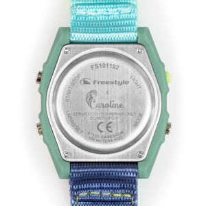 Back of a Freestyle Caroline Marks Shark Classic Leash Melbourne with blue strap—ideal for surfing.