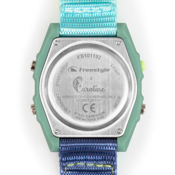 Back of a Freestyle Caroline Marks Shark Classic Leash Melbourne with blue strap—ideal for surfing.