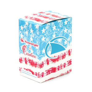 Freestyles CAROLINE MARKS SIGNATURE SHARK CLASSIC LEASH SURFIN USA box features a flag design and exclusive logos.