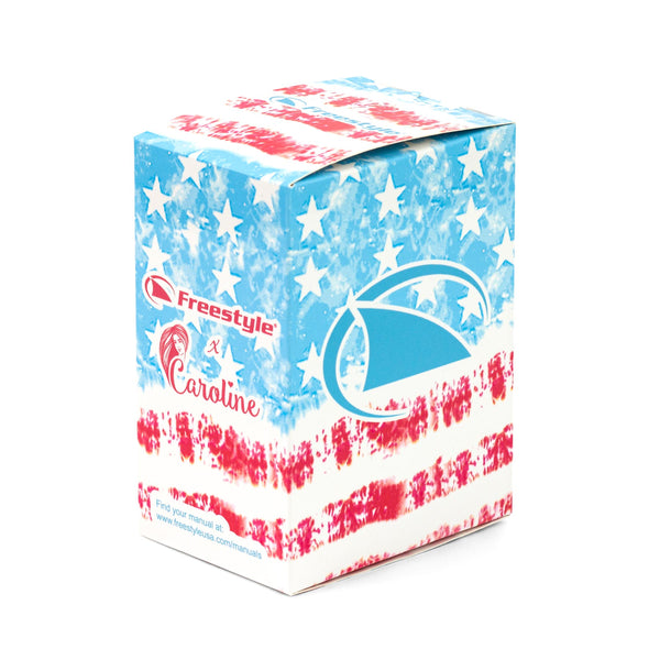 Freestyles CAROLINE MARKS SIGNATURE SHARK CLASSIC LEASH SURFIN USA box features a flag design and exclusive logos.