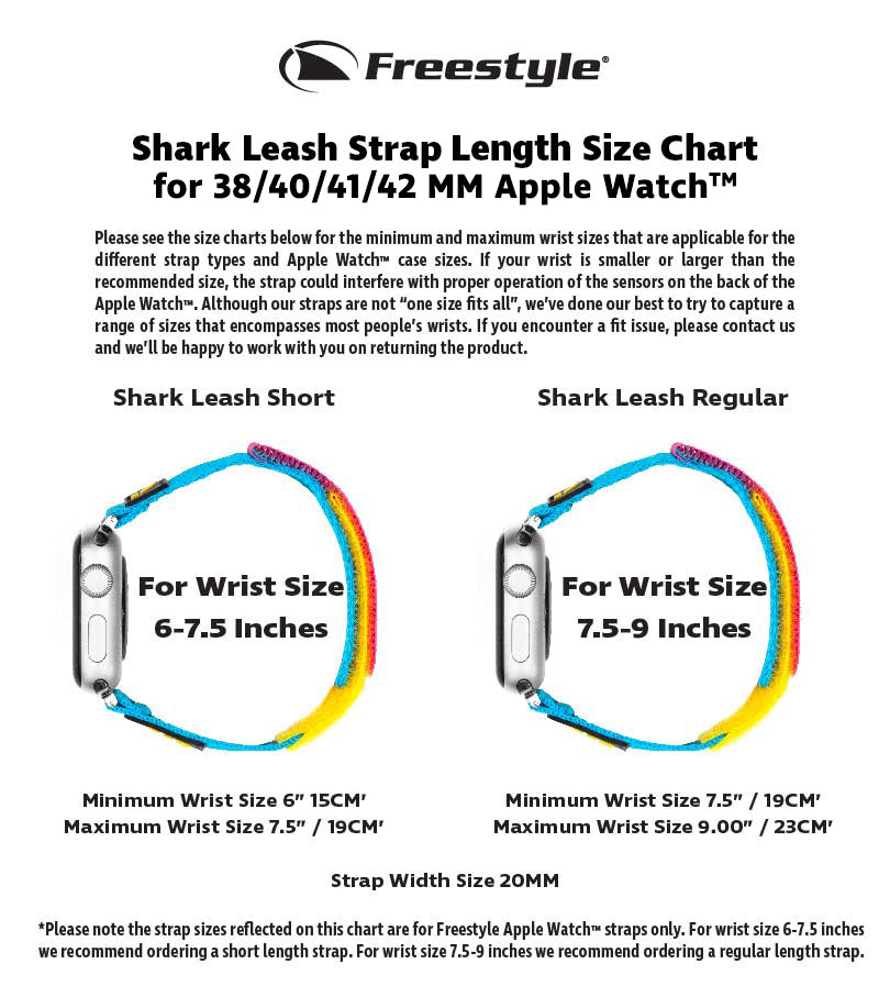 Shark Leash Strap Length Size Chart for 38/40/41/42 MM Apple Watch™ with wrist size details.