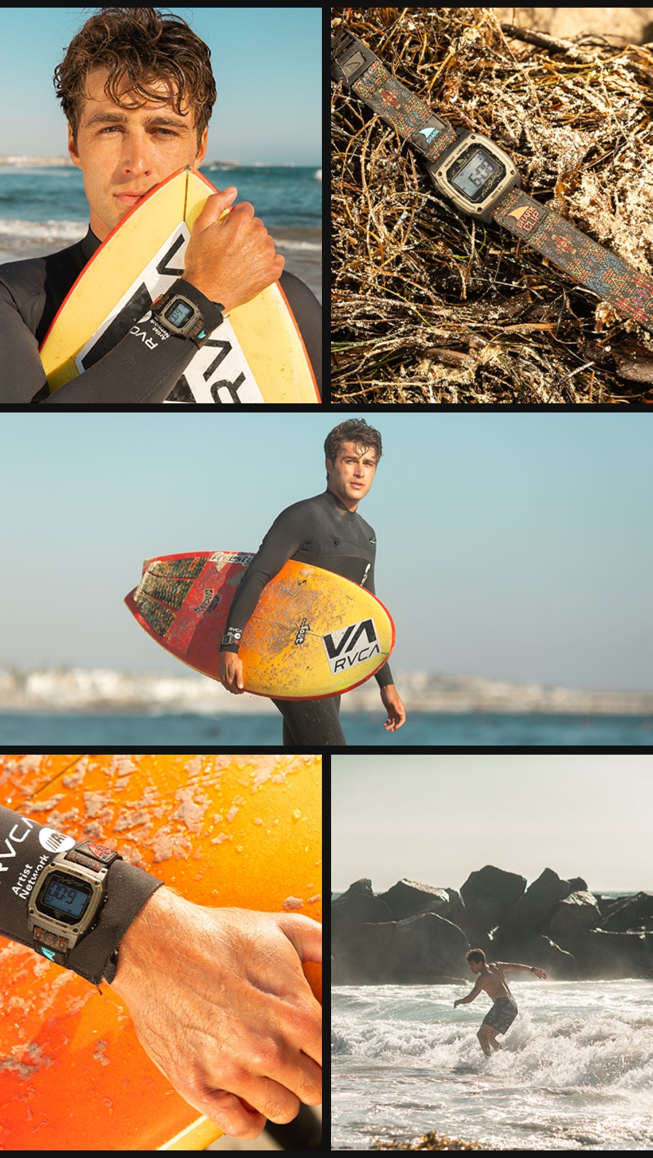 Surfer holding yellow VA RVCA surfboard; close shots show a digital wristwatch and wetsuit text 'Artist Network'.