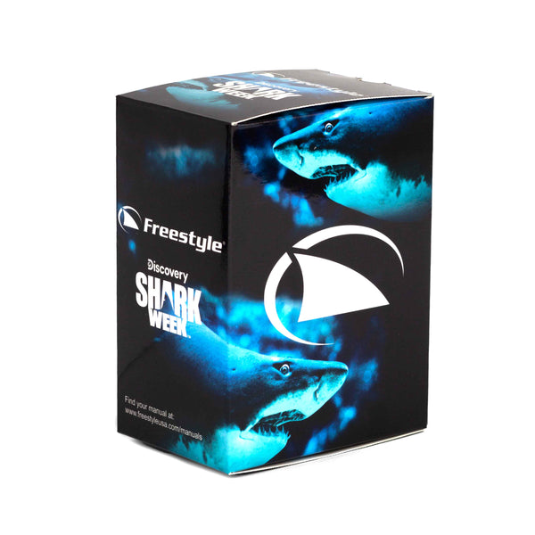 A black box with blue shark images and a Shark Week fin logo reads “Freestyle SHARK CLASSIC CLIP SHARK WEEK MEGA HAMMERHEAD.”.