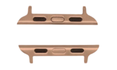 Rose gold watch adapter showing top and bottom views with connector slots and central button detail.
