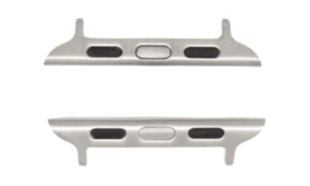 Two metallic connectors or adapters for attaching a smartwatch or similar device band, shown from two angles.