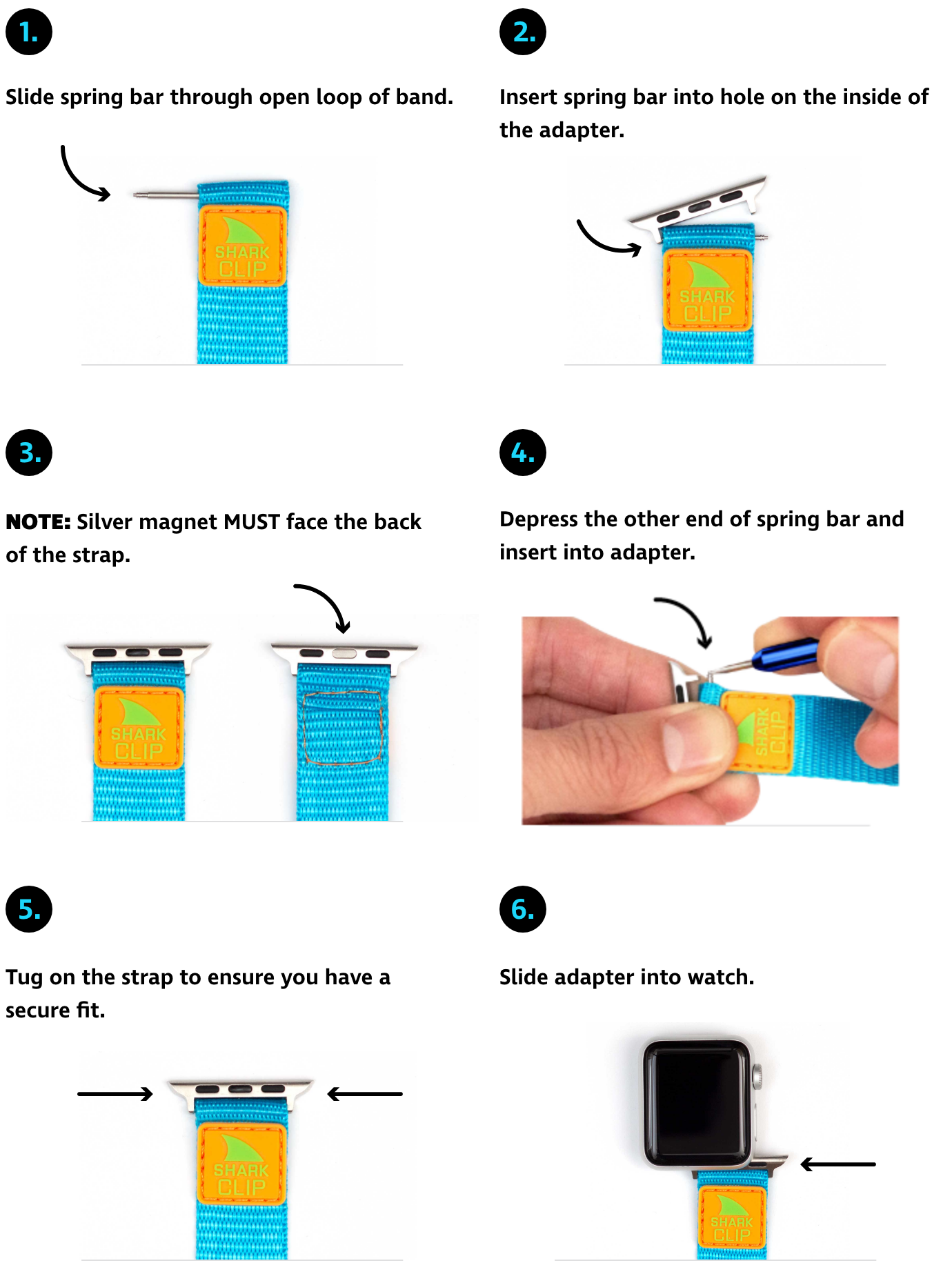 Step-by-step images showing a blue Apple Watch strap with an orange patch labeled 'SHARK CLIP' and metal connectors, illustrating how to size and attach the strap.