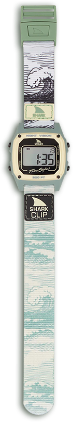 Freestyle Shark Clip watch with wave-patterned strap and digital display showing 1:35