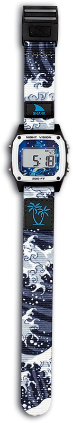 Digital watch with ocean wave design on strap, 'SHARK' logo, 'NIGHT VISION 300 FT', and time displayed as 5:18