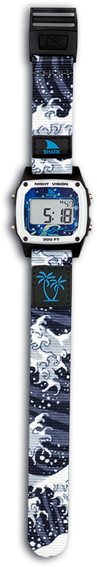 Digital watch with ocean wave design on strap, 'SHARK' logo, 'NIGHT VISION 300 FT', and time displayed as 5:18